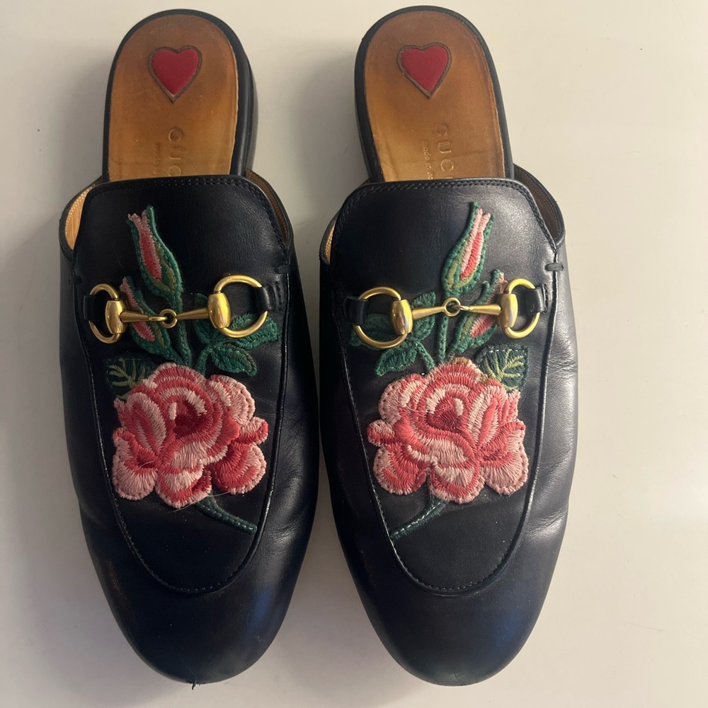 Gucci Princetown Horsebit Black Mules Shoes Pink Floral Embroidery 37.5